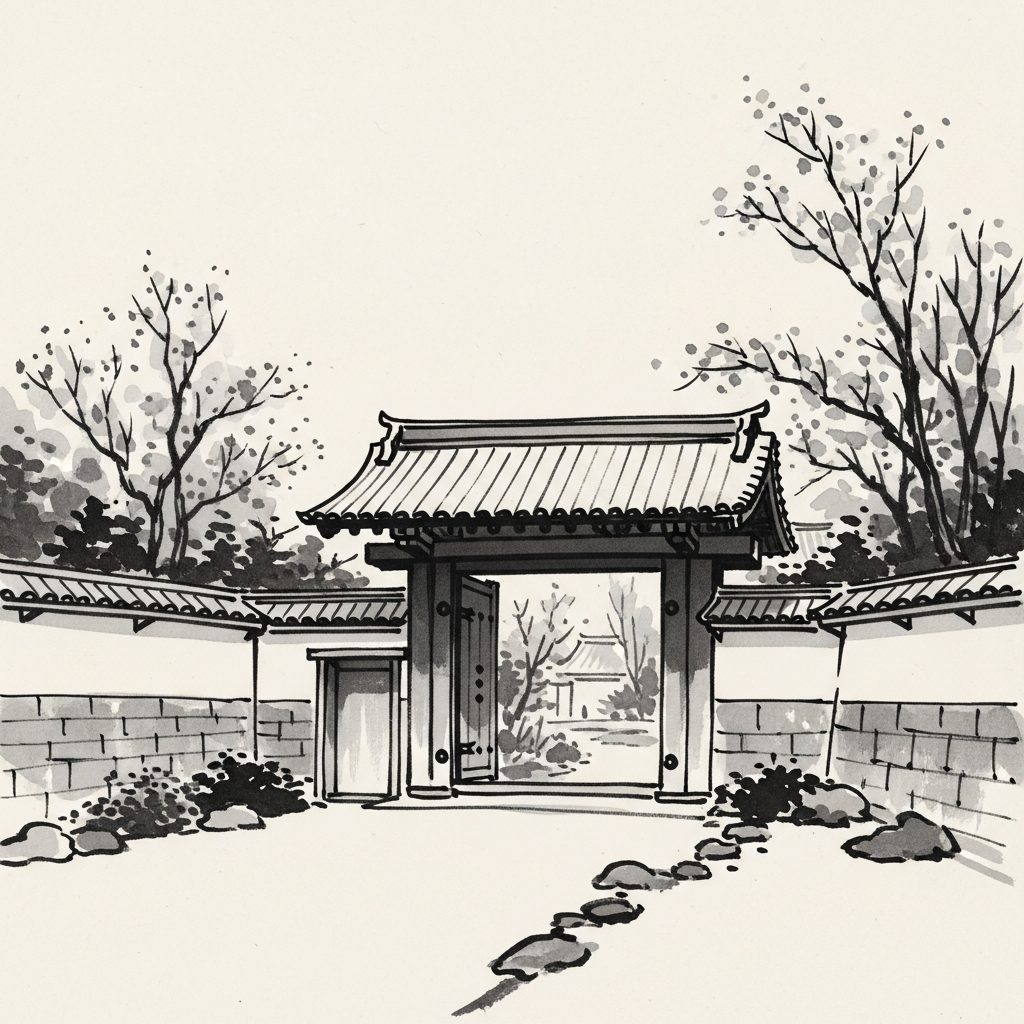 信濃の門構えを描いた水墨画