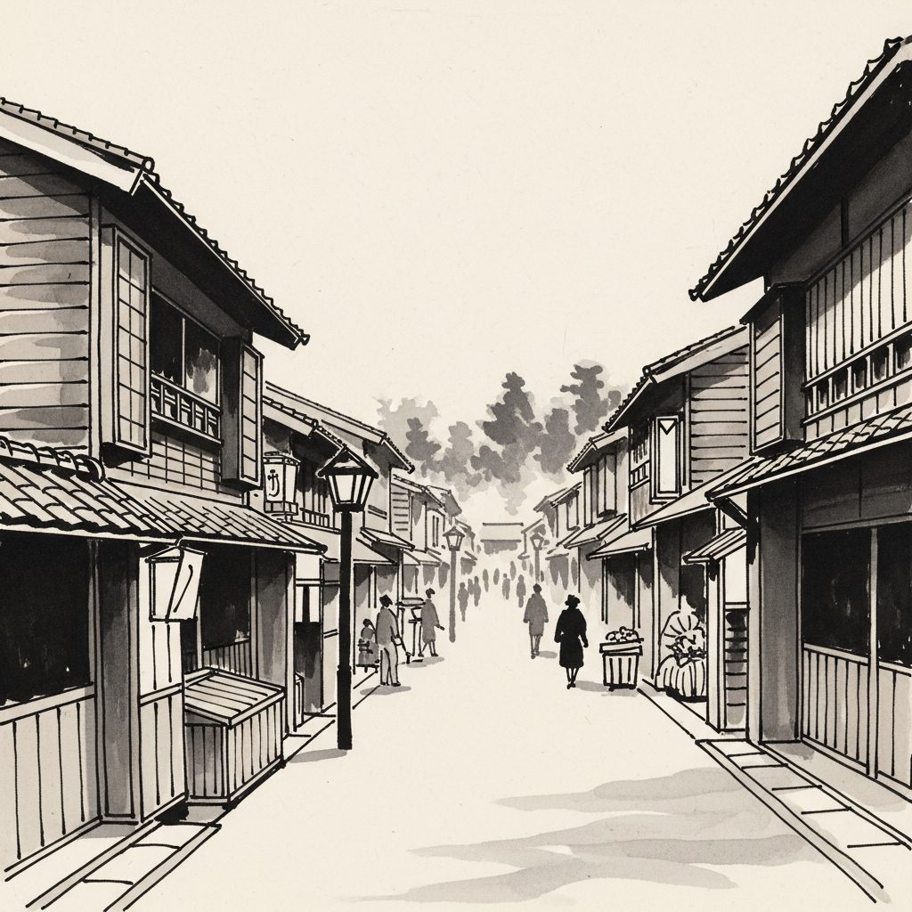 近代の街並みを描いた水墨画