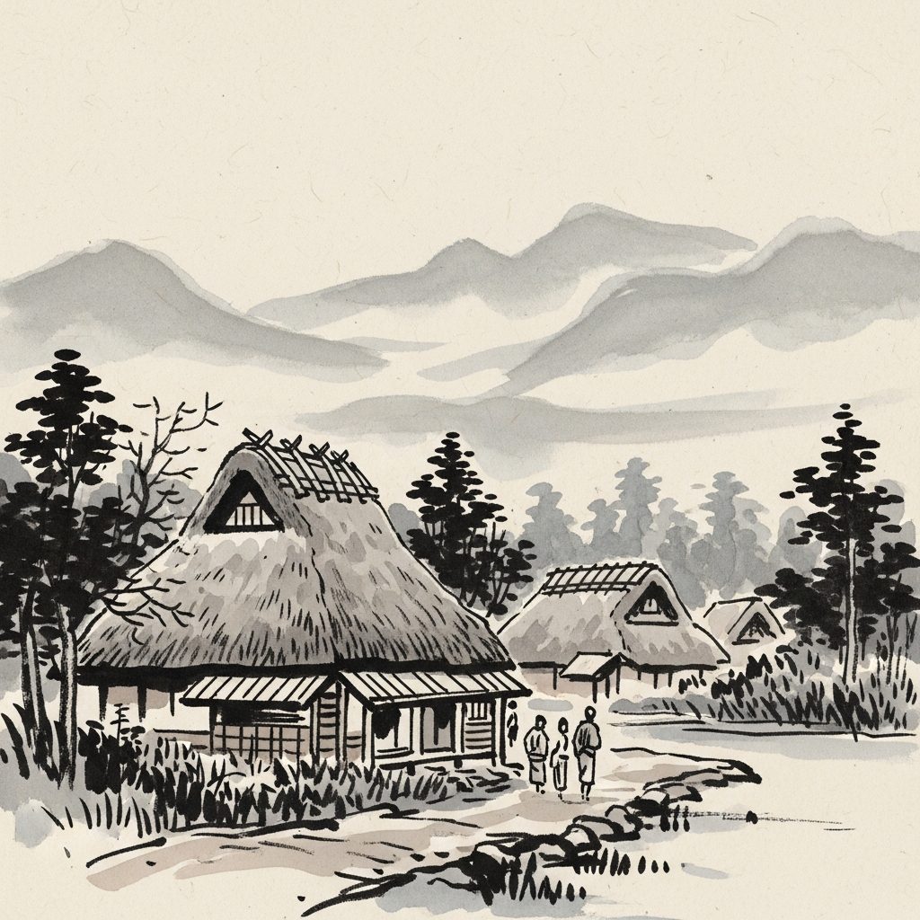 肥後の山里の暮らしを描いた水墨画