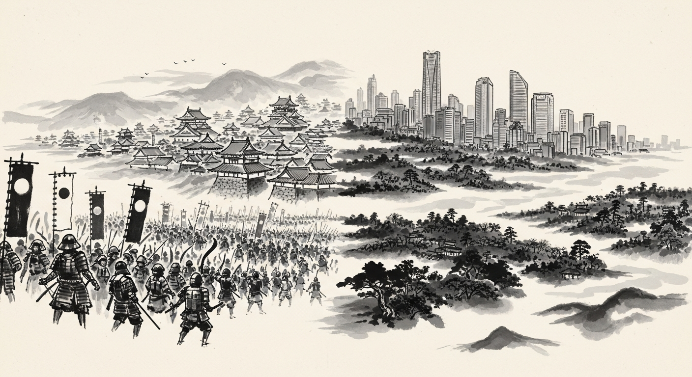 水墨画調、戦国の世が現代都市へと滲む一枚