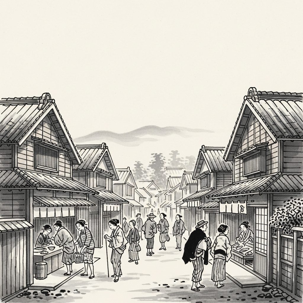 江戸の町並みを描いた水墨画