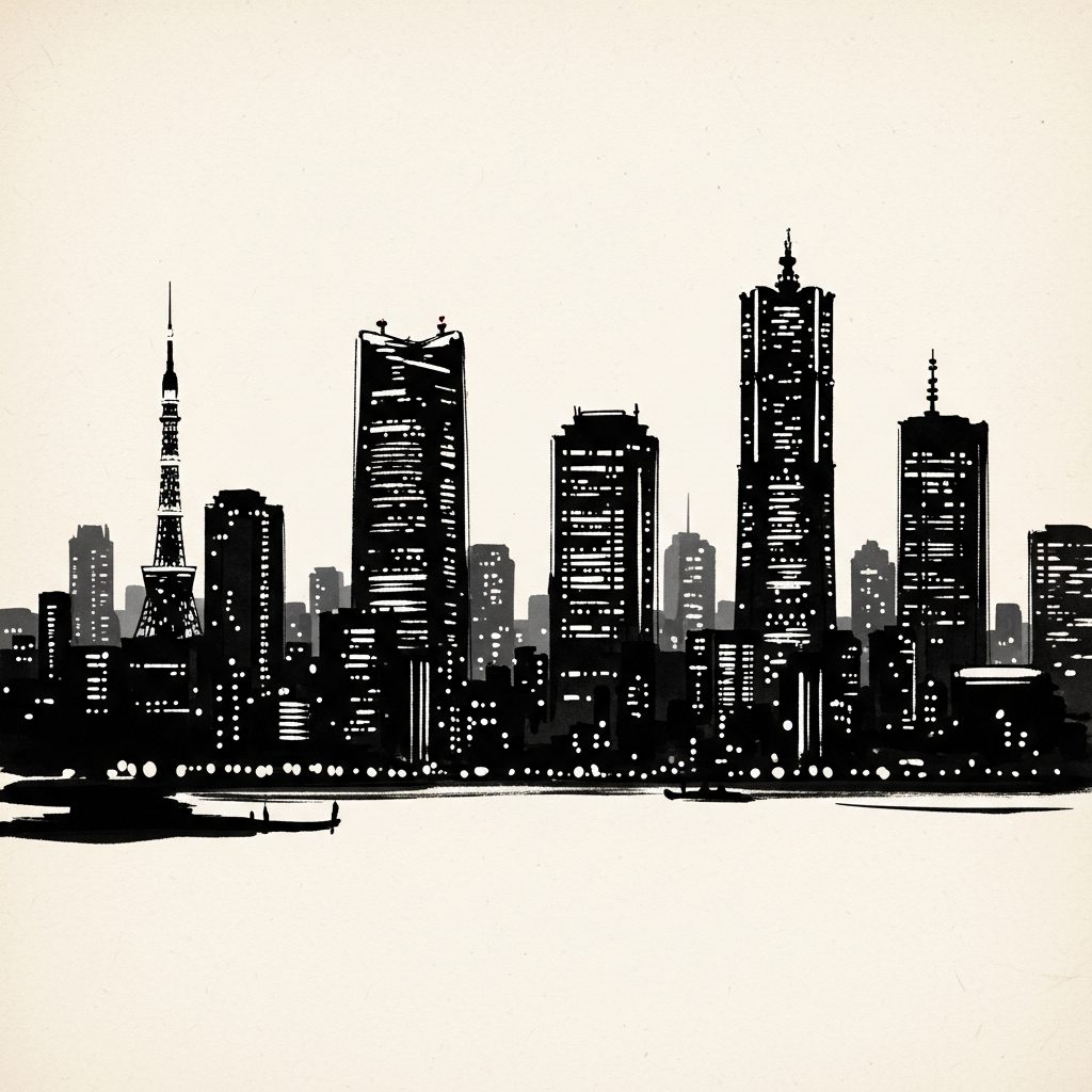 現代の都市スカイラインを描いた水墨画